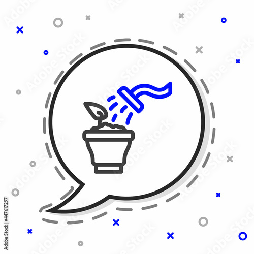 Line Spraying a house plant with a spray gun icon isolated on white background. Moistening of foliage. Care for home flowers. Colorful outline concept. Vector
