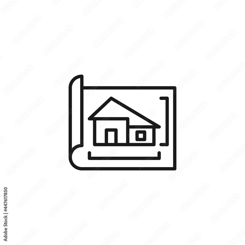 Line icon of house and lines showing height and width of house