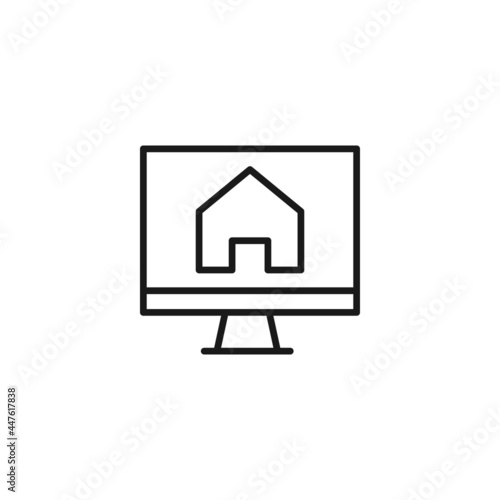 Line icon of house on screen of computer