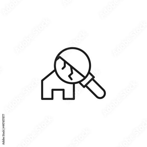 Line icon of magnifying glass showing scratches on low-quality house