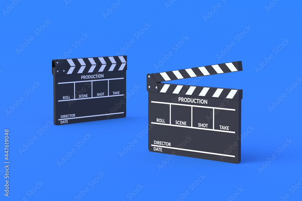 Movie clapper boards on blue background. Filmmaking accessories. Cinematography concept. Film in the cinema. 3d render