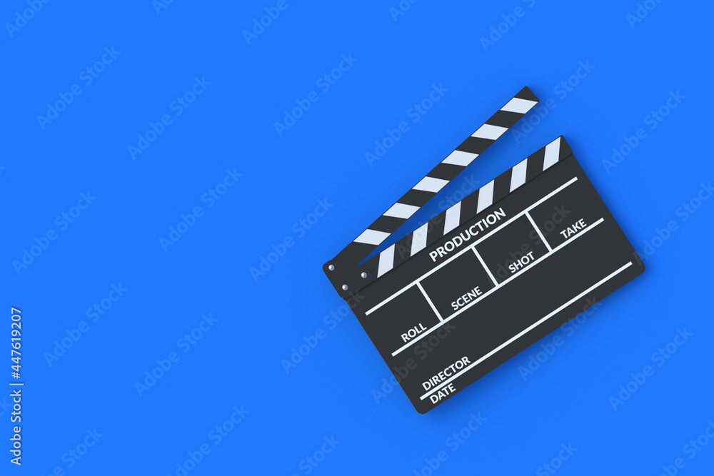 Movie clapper board on blue background. Filmmaking accessories. Cinematography concept. Film in the cinema. Top view. Copy space. 3d render