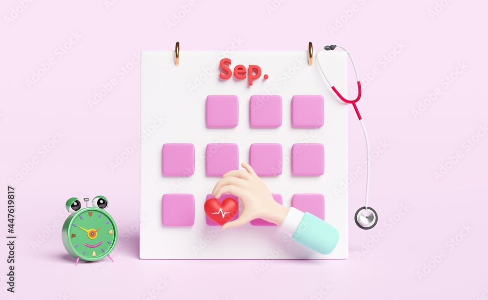 Calendar date with cartoon doctor hands holding red heart and blood pressure heart rate,stethoscope,green alarm clock isolated on pink background ,world heart day concept,3d illustration or 3d render Calendar date with cartoon doctor hands holding red heart and blood pressure heart rate,stethoscope,green alarm clock isolated on pink background ,world heart day concept,3d illustration or 3d render