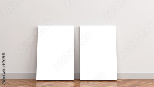 White frames on the floor. A blank canvas for painting mockup. Empty white mockup frames on a white wall. 3d illustration.