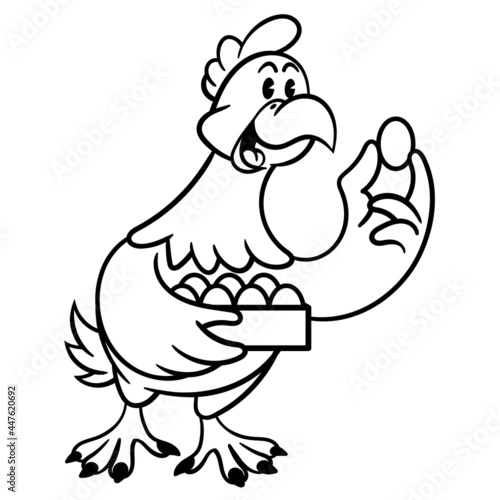 Black and White Cartoon illustration of A Hen peddling egg and carrying with container, best for coloring book of children with farm product themes