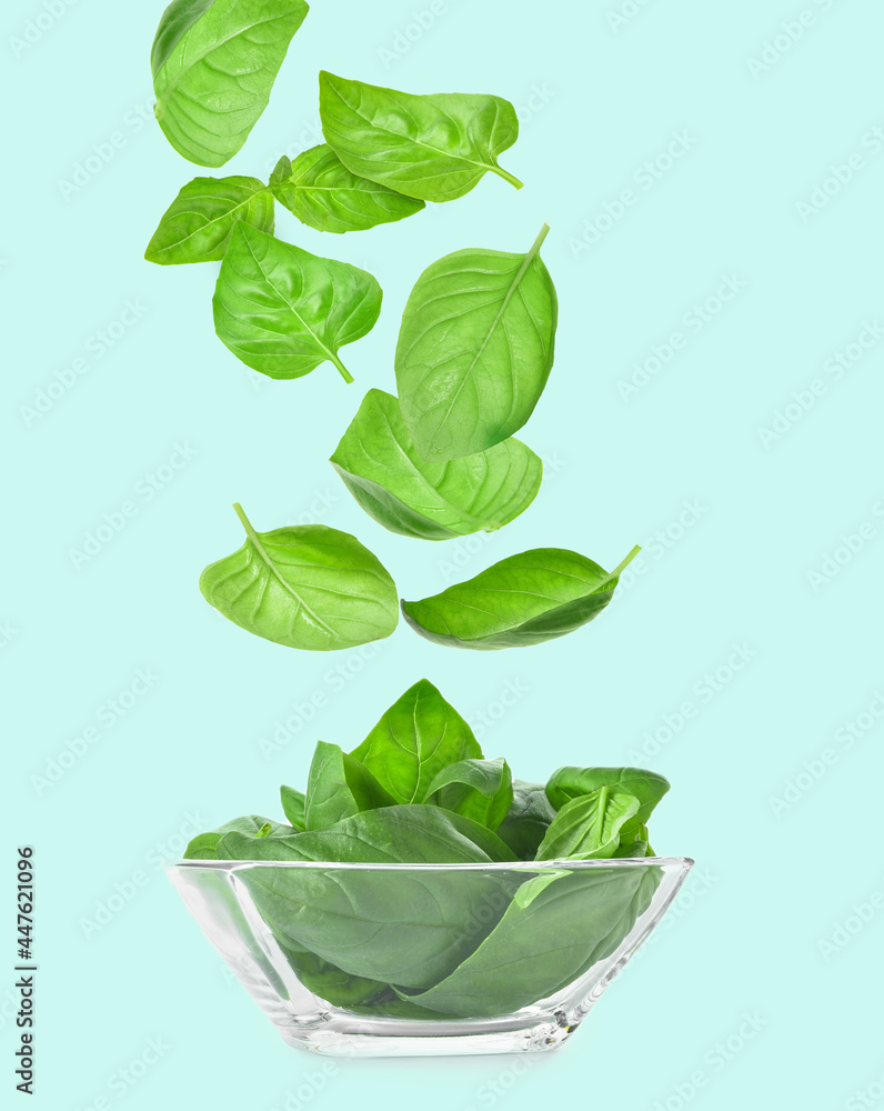Bowl with flying basil leaves on color background - obrazy, fototapety, plakaty 