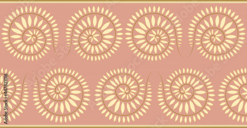 Golden and coral pink colored oil painting floral seamless border. Hand drawn circle twigs with leaves on  pink background. Ornamental design element.