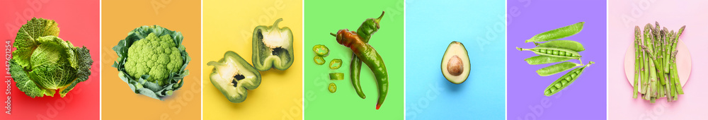 Many green vegetables on color background