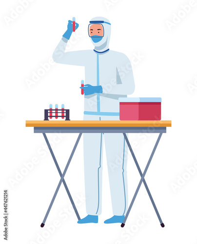 Doctor in protective suit with blood tubes