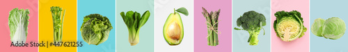 Photos Many green vegetables on color background