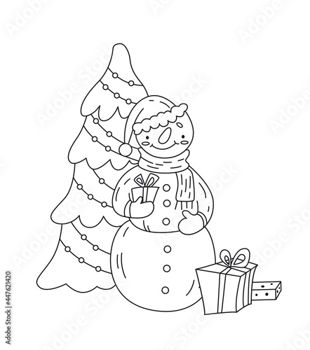 Vector Christmas illustration coloring page with snowman, christmas tree and gifts. Children's illustration.