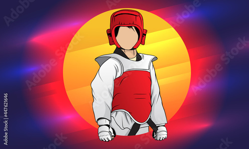 A female athlete in a protective suit, gloves and helmet. Abstract background. Taekwondo is a dynamic sport for the development of a healthy lifestyle.