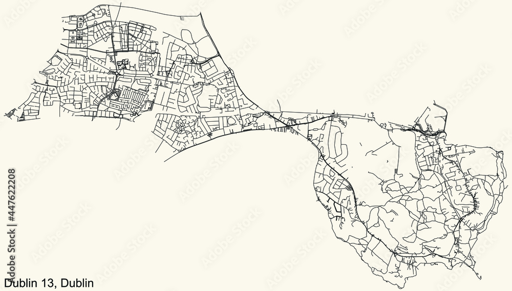 Black simple detailed street roads map on vintage beige background of the quarter Postal district 13 (D13) of Dublin, Ireland