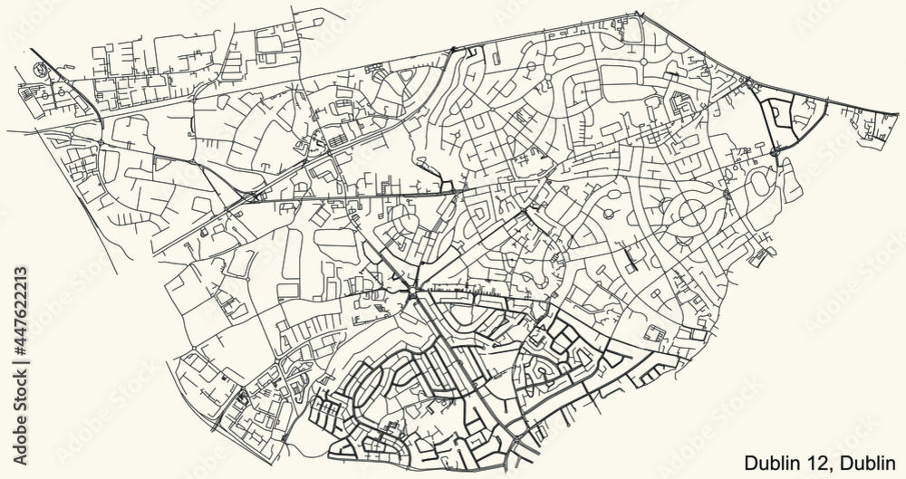 Black simple detailed street roads map on vintage beige background of the quarter Postal district 12 (D12) of Dublin, Ireland