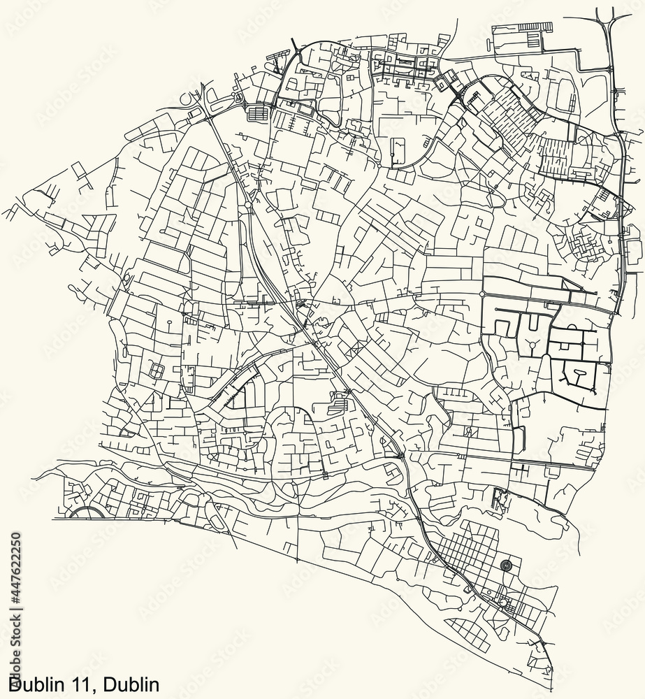 Black simple detailed street roads map on vintage beige background of the quarter Postal district 11 (D11) of Dublin, Ireland
