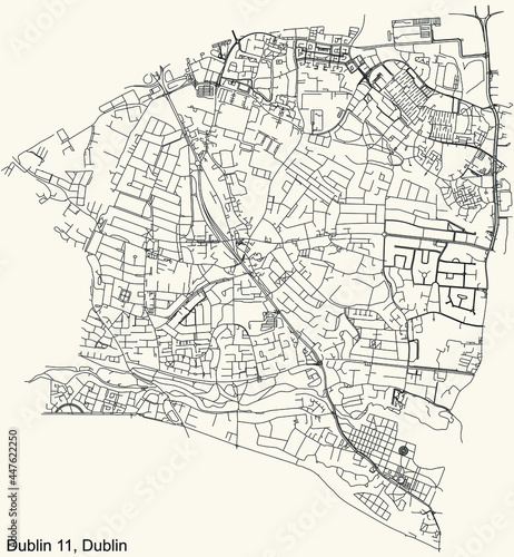 Black simple detailed street roads map on vintage beige background of the quarter Postal district 11 (D11) of Dublin, Ireland