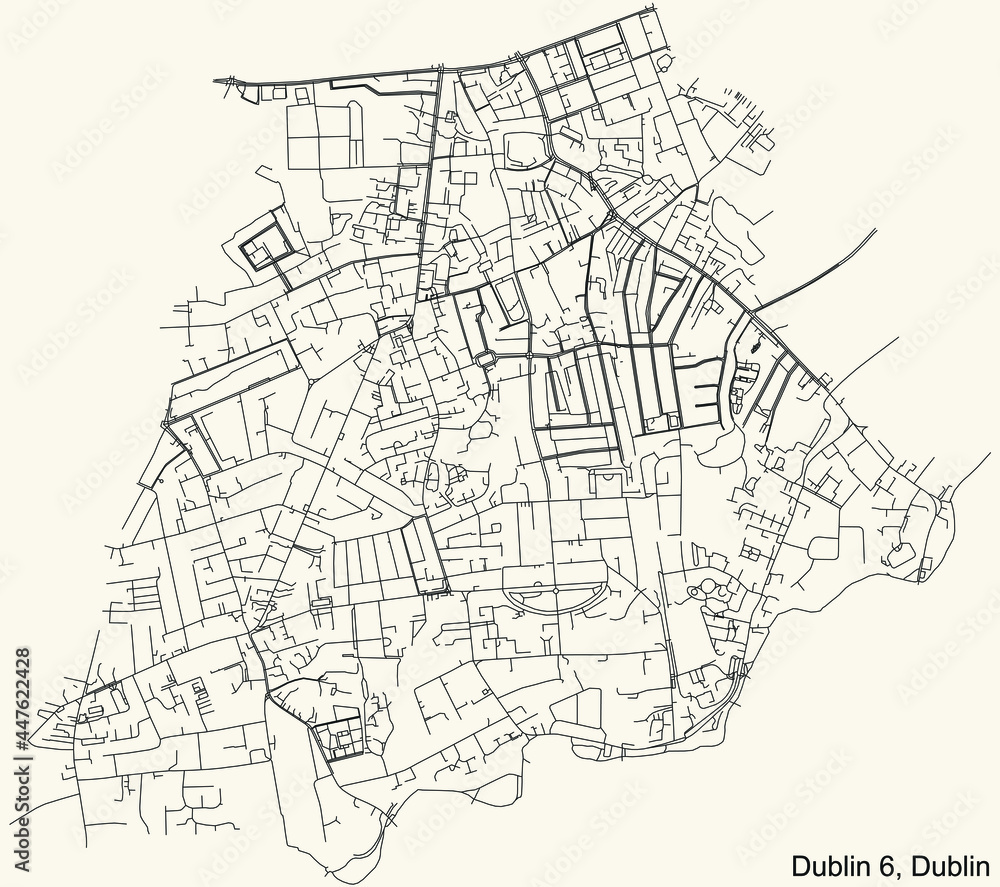 Black simple detailed street roads map on vintage beige background of the quarter Postal district 6 (D6) of Dublin, Ireland