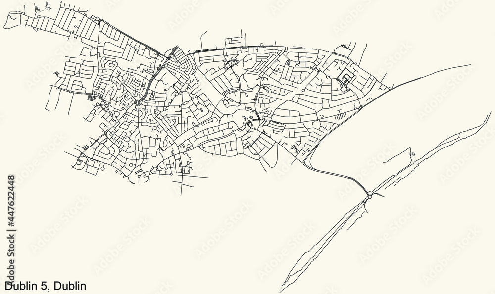 Obraz premium Black simple detailed street roads map on vintage beige background of the quarter Postal district 5 (D5) of Dublin, Ireland