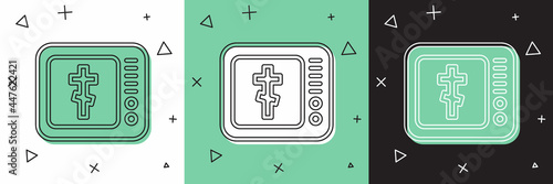 Set Online church pastor preaching video streaming icon isolated on white and green, black background. Online church of Jesus Christ. Vector