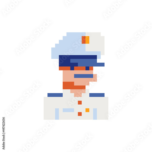 Navy captain character, skipper. Avatar, portrait, profile picture.  Pixel art. Captain of cruise liner in uniform. Military man. Chief on ship. Game assets. 8-bit. Isolated vector illustration.