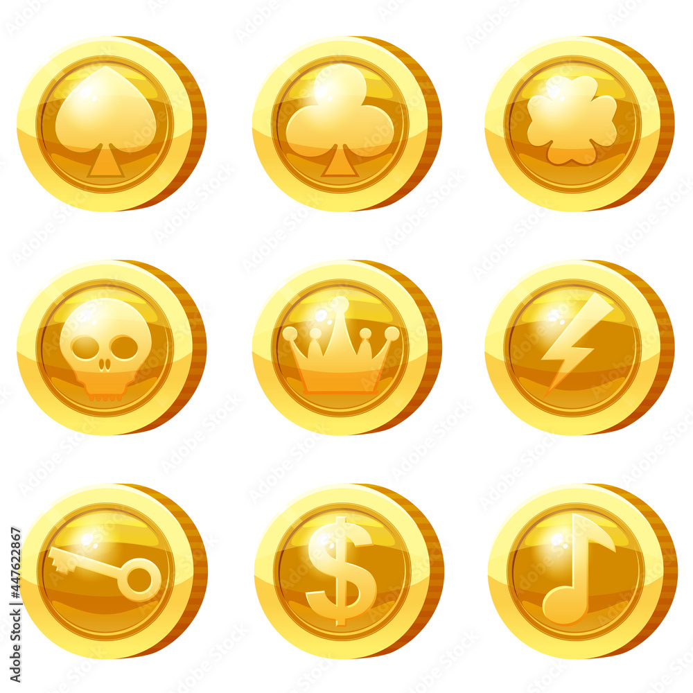 Set of Golden Coins for game apps. Gold icons, heart, crown, symbols game UI, gaming gambling. Vector illustration Set of Golden Coins for game apps. Gold icons, heart, crown, symbols game UI, gaming gambling. Vector illustration