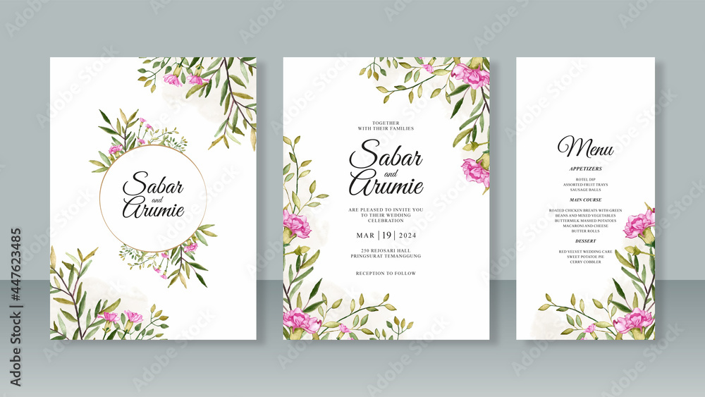 Set of beautiful wedding invitation templates with watercolor leaves and flowers