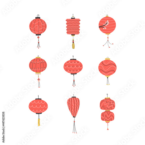 Set of different red chinese lanterns isolated on white background. Traditional hanging decoration. Cartoon flat style. Vector illustration.