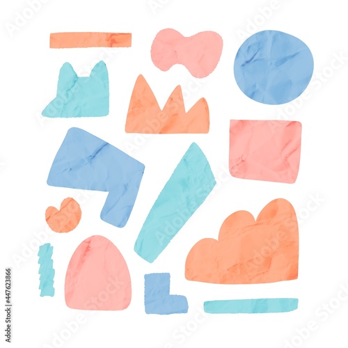 Collection of different torn paper shapes with crumpled texture in bright colors. Design elements, banners, backdrops with empty space for text isolated on white background.