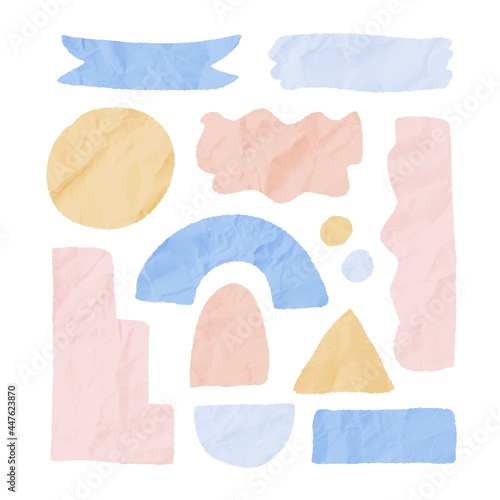 Set of various torn paper shapes with crumpled texture in soft pastel colors. Design elements, banners, backdrops with empty space for text isolated on white background.