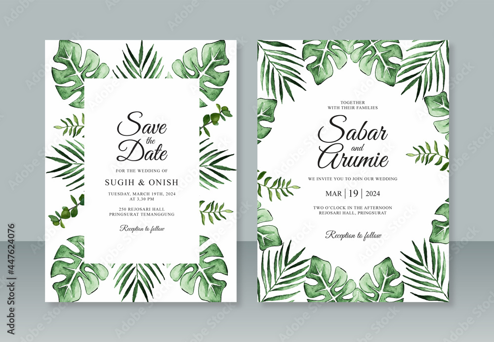 Watercolor tropical leaf painting for wedding invitation template