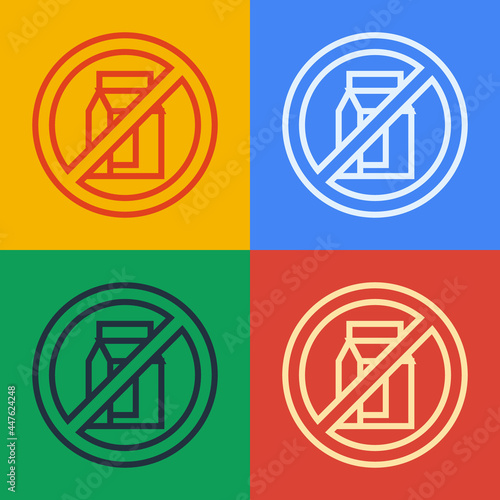 Pop art line No pack of milk icon isolated Pop art line background. Not allow milk. Allergy concept, lactose intolerance allergy warning sign. Vector