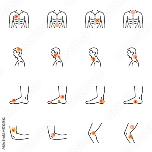 Body pain and injury line icons set