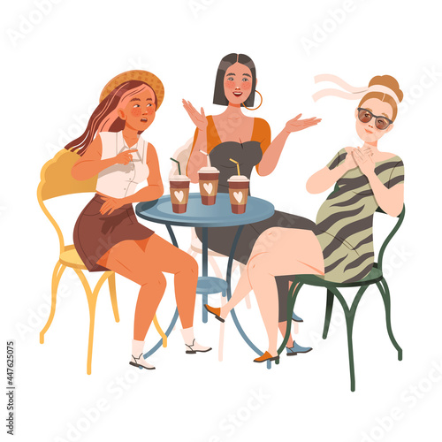 Female Friend Spending Time Together Sitting in Cafe, Drinking Coffee and Gossiping Vector Illustration