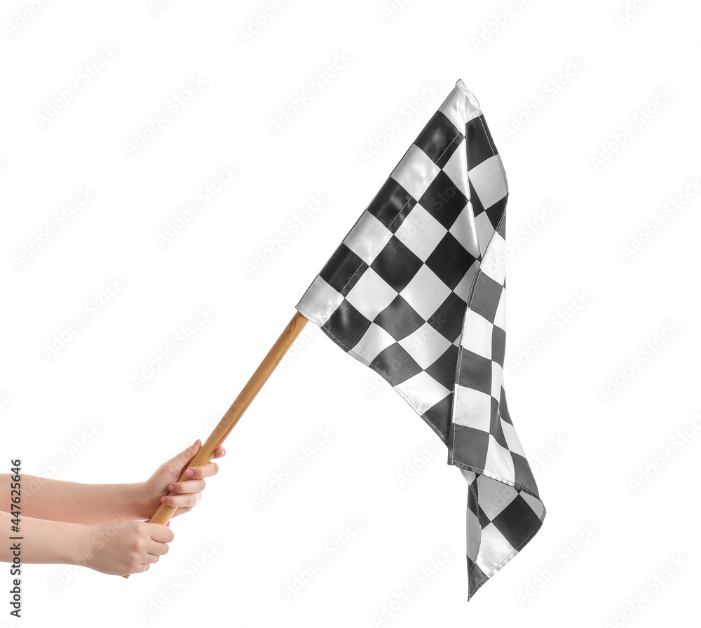 Hands with racing flag on white background