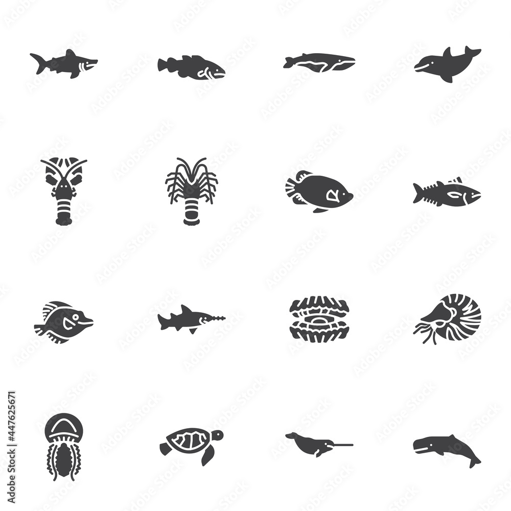 Sea animals vector icons set