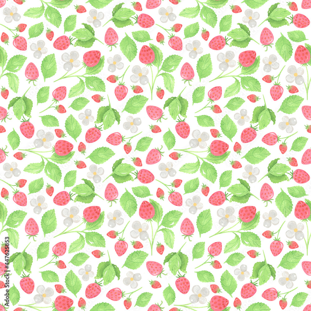 Seamless pattern strawberry watercolor. Wild berries print, red berries background. For digital paper, fabric, scrapbooking. Seamless pattern strawberry watercolor. Wild berries print, red berries background. For digital paper, fabric, scrapbooking.