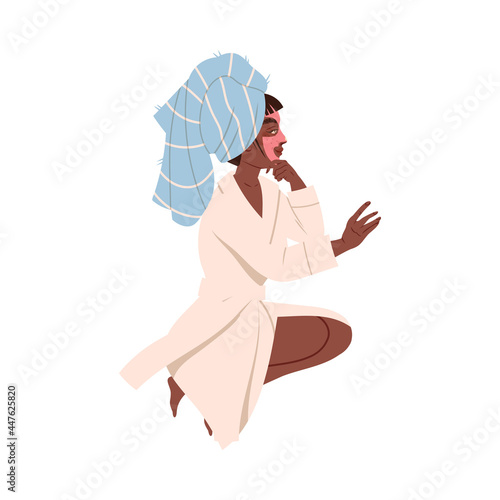 Young Woman in Bathrobe and with Towel on Her Head Sitting Holding Her Hand on Her Chin Listening to Somebody Vector Illustration