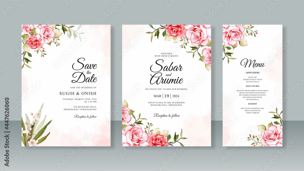 Wedding card invitation set template with watercolor floral and splash