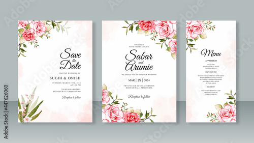 Wedding card invitation set template with watercolor floral and splash