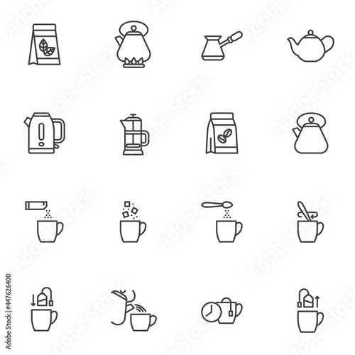 Tea and coffee making line icons set
