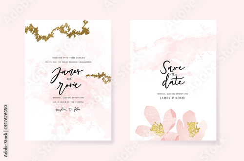 Minimal pink tropical Wedding Invitation, floral invite thank you, rsvp modern card Design in botanical flower water color texture decorative Vector elegant rustic template