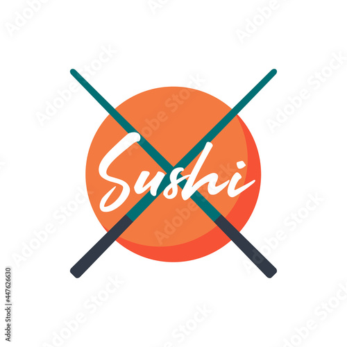 Asian food. Japanese, china cuisine. Sushi logo with sticks. Vector illustration. Isolated on white background.