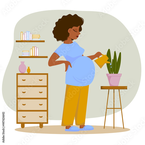 Pretty pregnant woman watering plant in the room. Vector illustration. Flat design.