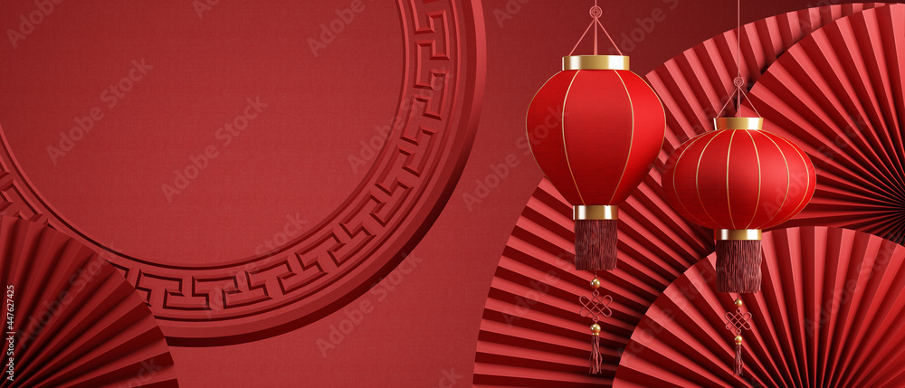 Chinese style minimal abstract background.chinese lantern and red chinese pan background for product presentation,posters, brochure,banners,greetings card, invitation.3d rendering illustration