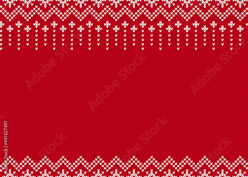 Knit seamless border. Red knitted texture. Christmas pattern. Holiday fair isle traditional background. Xmas festive print. Geometric sweater ornament. Vector illustration.