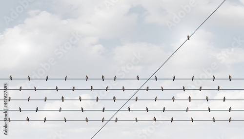 Individual leadership concept and disruptive innovation or independent thinking as a group of birds on a wire with one in the opposite direction as a business symbol