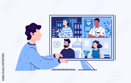 Videoconference, webinar. The concept of online meetings. Vector. Flat cartoon style. Illustration.