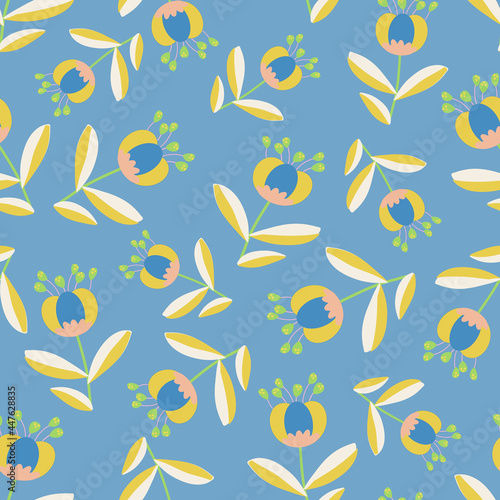 Baby blue with whimsical, simple simple flowers seamless pattern background design. © Jimena