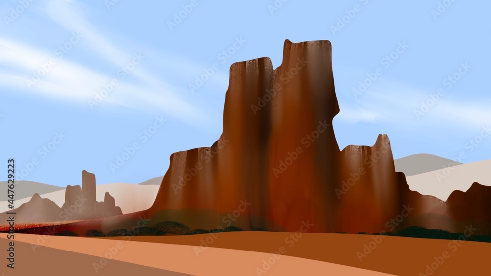 Mountainous background and a desert landscape.