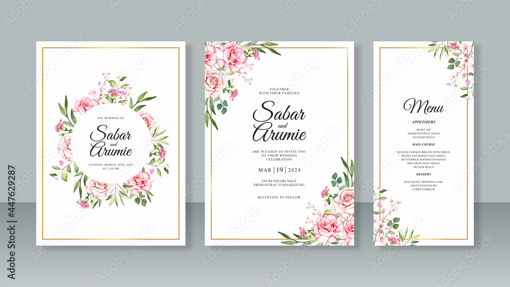 Wedding invitation set template with hand painting watercolor floral